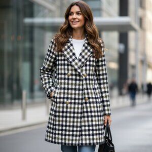 J.Crew‎ Double Breasted Wool Coat in Black Ivory Oxford Check Plaid size 12